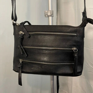 Vintage Black 100% Leather Small Cross‎ Body Purse with Silver Zippers